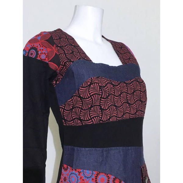 Tunique Courte Denim et maille Jersey Ton Bordeaux