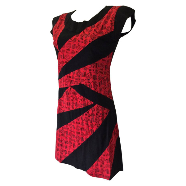 Robe Bogra Ethnique Petites Manches Noir et Rouge