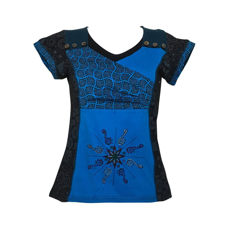 T-Shirt Thaina Patchwork géométrique Turquoise