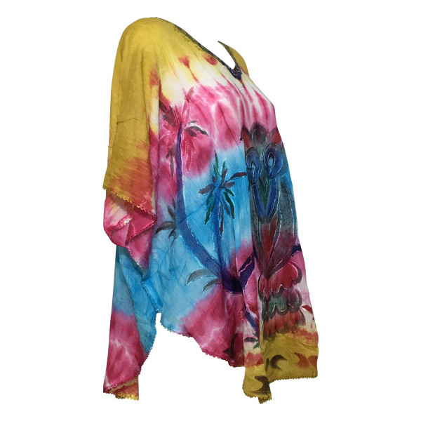 Kaftan Grande Taille Hibou Peint JK-1986 moutarde rose bleu