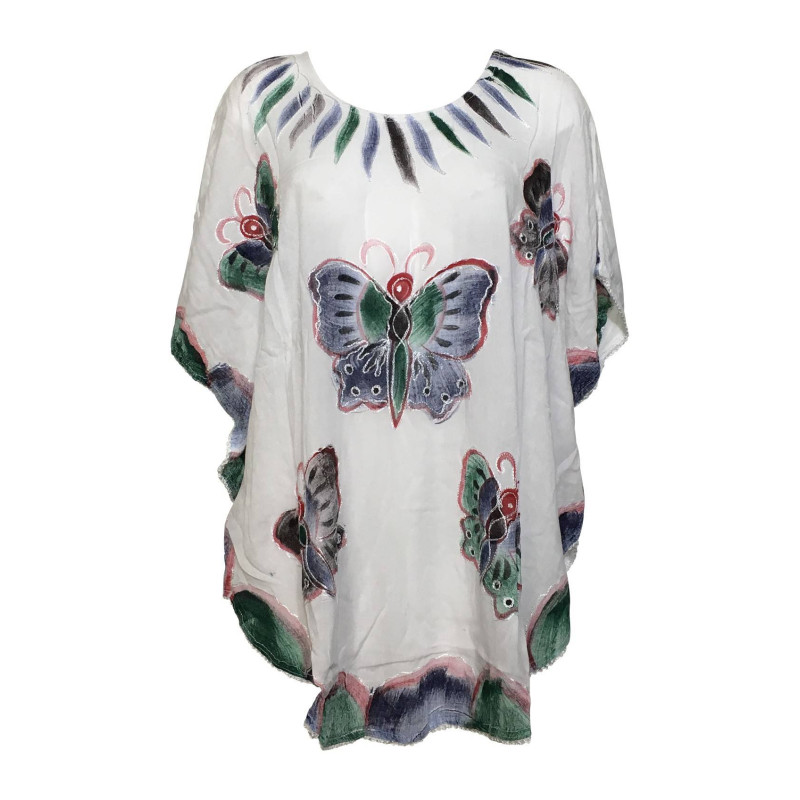 Kaftan Blanc Cinq Papillons Peint Main JK-1972 Kaftan Blanc Cinq Papillons Peint Main JK-1972