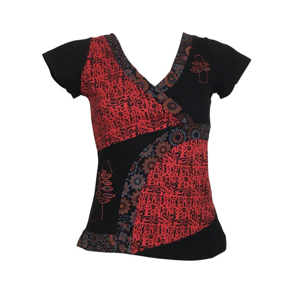 Haut Kulu Mi- Manches en Maille Jersey Noir Rouge