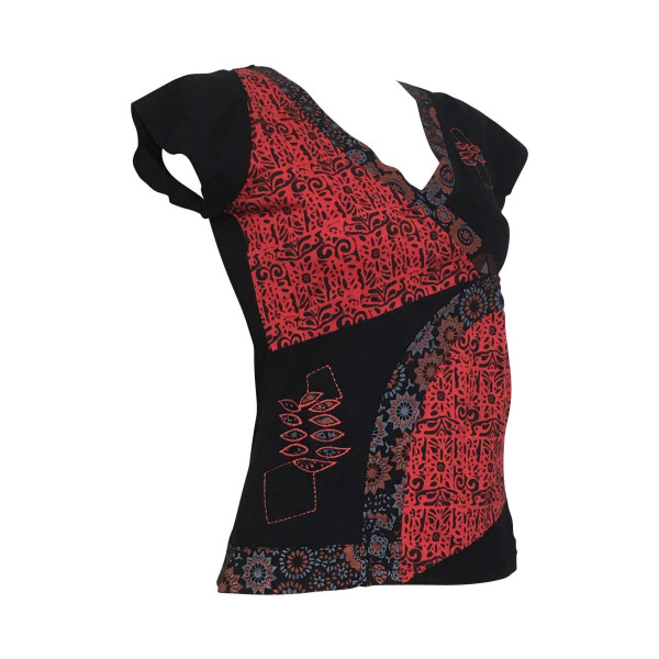 Haut Kulu Mi- Manches en Maille Jersey Noir Rouge