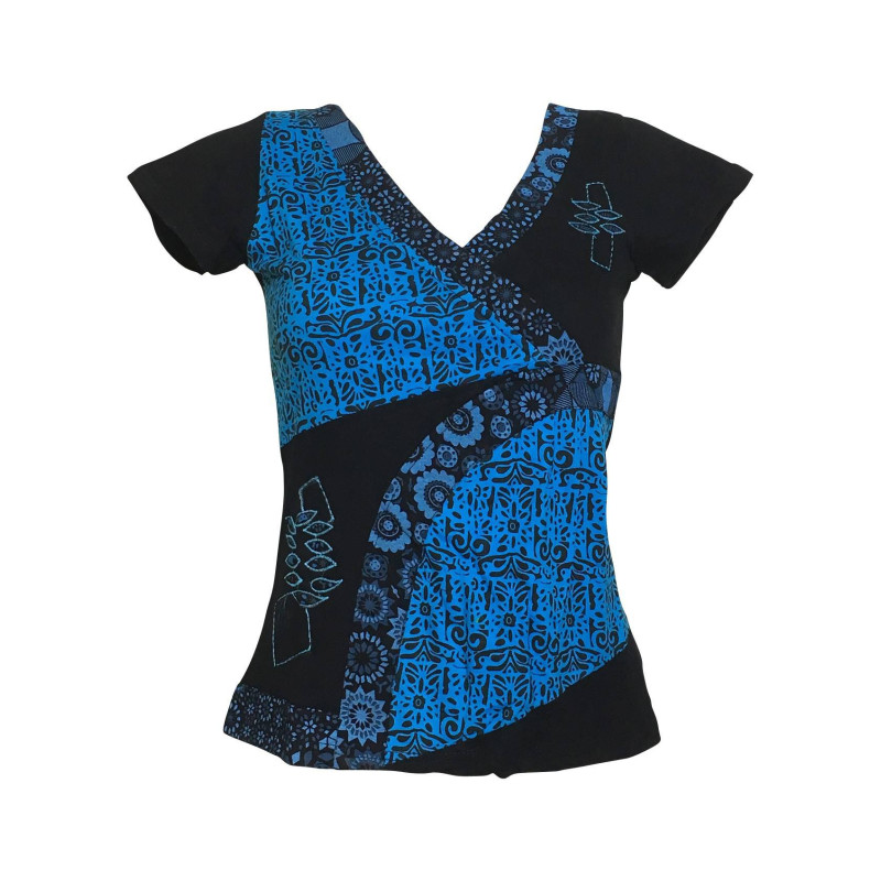 Top Kulu Mi- Manches en Maille Jersey Noir Turquoise