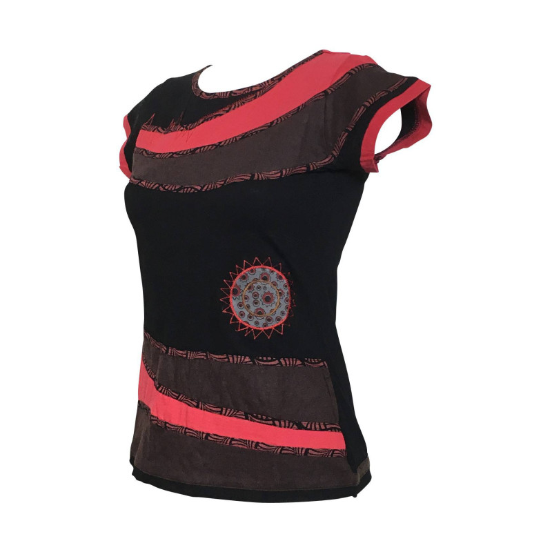 Haut Sosan Mi-Manches en Maille Jersey Noir Rouge Choco