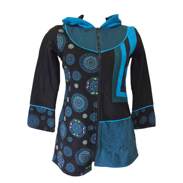 Veste Longue Tika Mandalas Polaire et Jersey Bleu