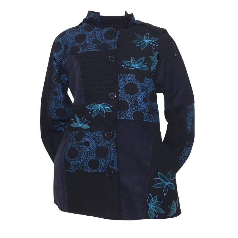 Manteau Betiny Col Imperial Noir et Bleu Canard Manteau Betiny Col Imperial Noir et Bleu Canard