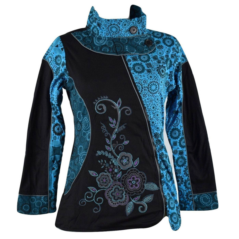 Veste Ethnique Femme Arbani col Impérial Turquoise imprimé