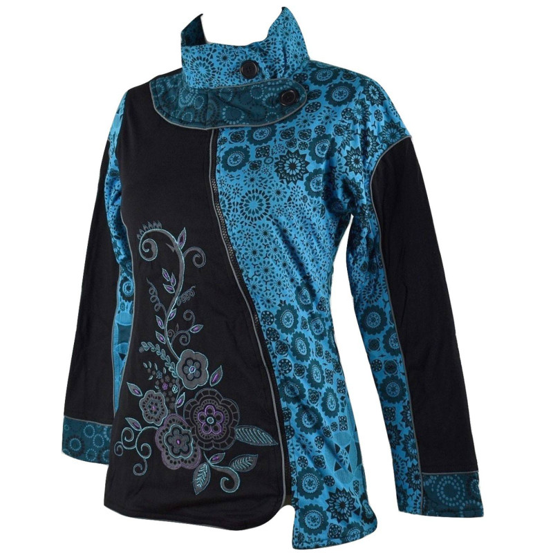 Veste Ethnique Femme Arbani col Impérial Turquoise imprimé