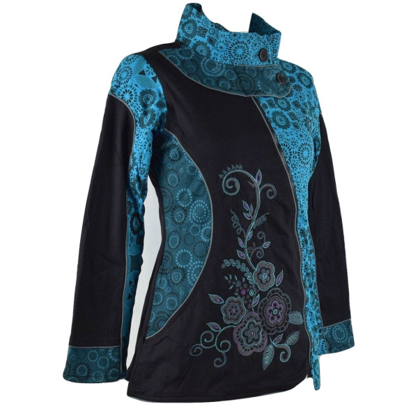 Veste Ethnique Femme Arbani col Impérial Turquoise imprimé