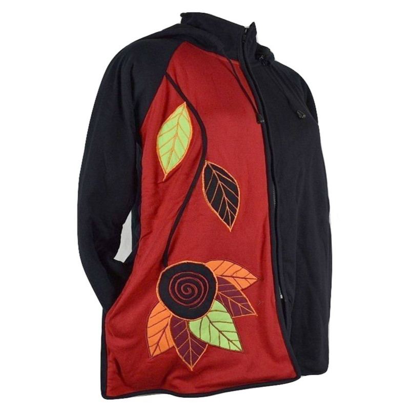 Manteau Femme Sagra Capuche Amovible Noir et Rouge