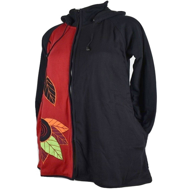 Manteau Femme Sagra Capuche Amovible Noir et Rouge