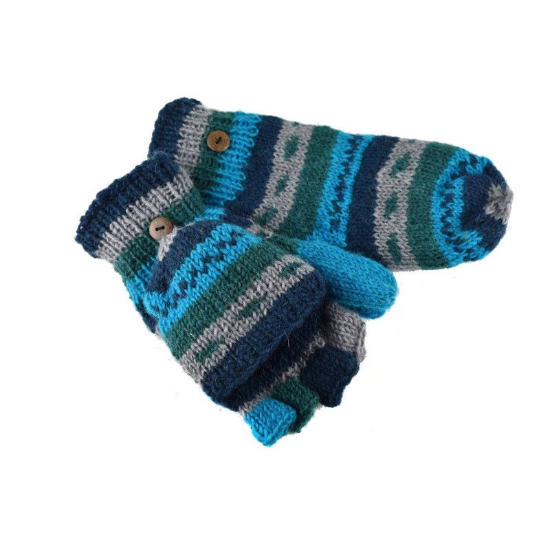 Moufle Mitaine Laine Tricotée Bleu 3 Tons doublé polaire Moufle Mitaine Laine Tricotée Bleu 3 Tons doublé polaire