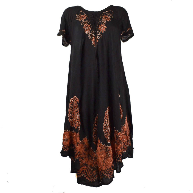 Robe Longue Namba Noir et Batik Orange Brique BT-1222 Robe Longue Namba Noir et Batik Orange Brique BT-1222
