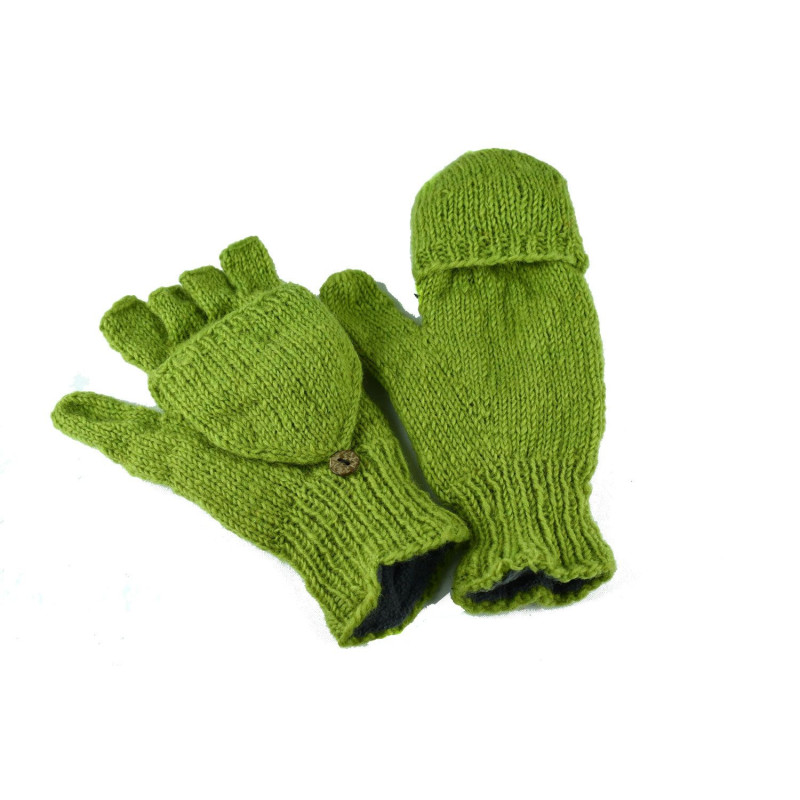 Moufle Mitaine Agara 2 en 1 Laine et Polaire Vert Anis