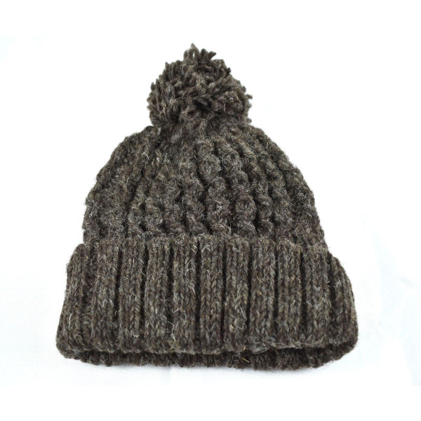 Bonnet Muna Tricot Laine Pompon Brun Naturel