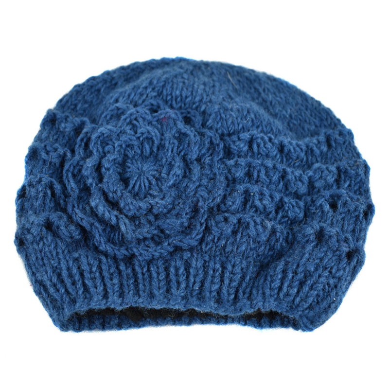Bonnet Court Tanji Femme Laine Floral Bleu Pétrole