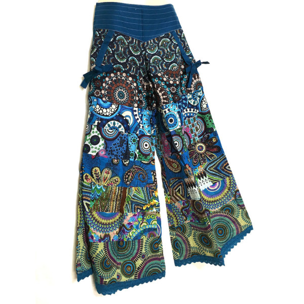 Pantalon Chakina Bleu Patchwork Coton Imprimé