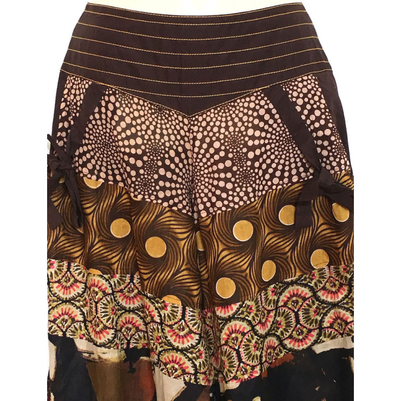Pantalon Chakina Marron Patchwork Coton Imprimé