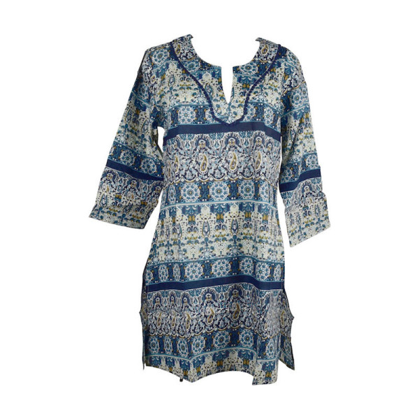 Caftan Sardha Coton Multicolore Ton Bleu Marine