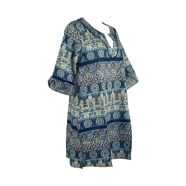 Caftan Sardha Coton Multicolore Ton Bleu Marine