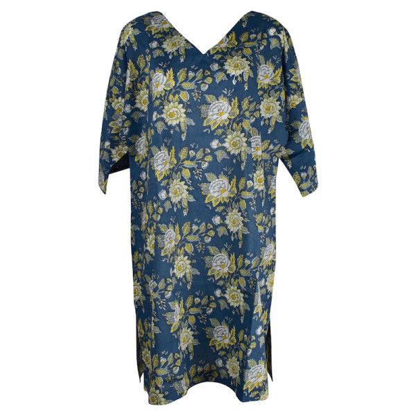 Caftan Jamari Coton Bleu Cobalt Imprimé Floral