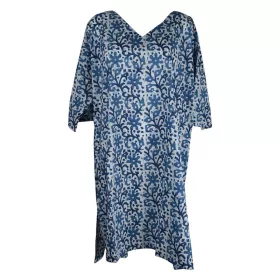 Caftan Jamari Coton Indigo Imprimé Géométrique