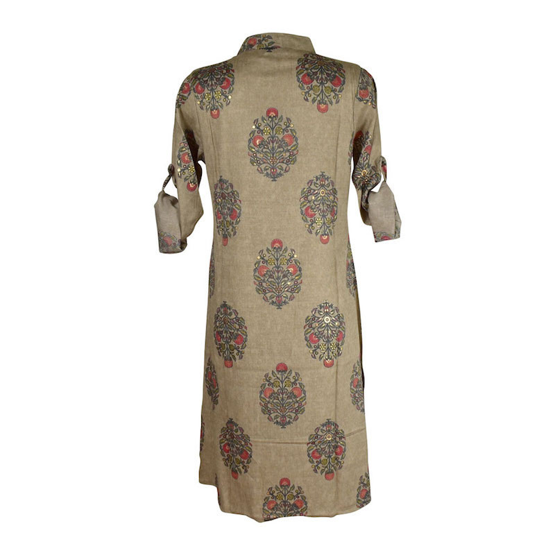 Robe Chemise Maluha Col Rond Beige Imprimé Ethnique