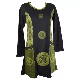 Robe Tunique Longue Jersey Mandalas Vert et Noir
