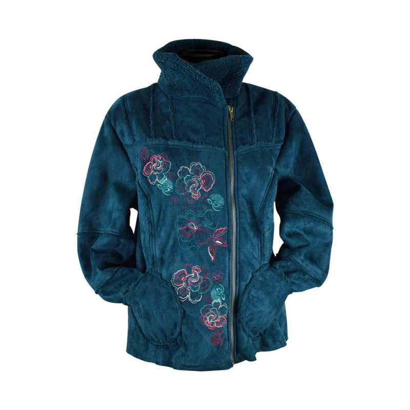 Veste Suédine fourrée Pétrole brodé floral