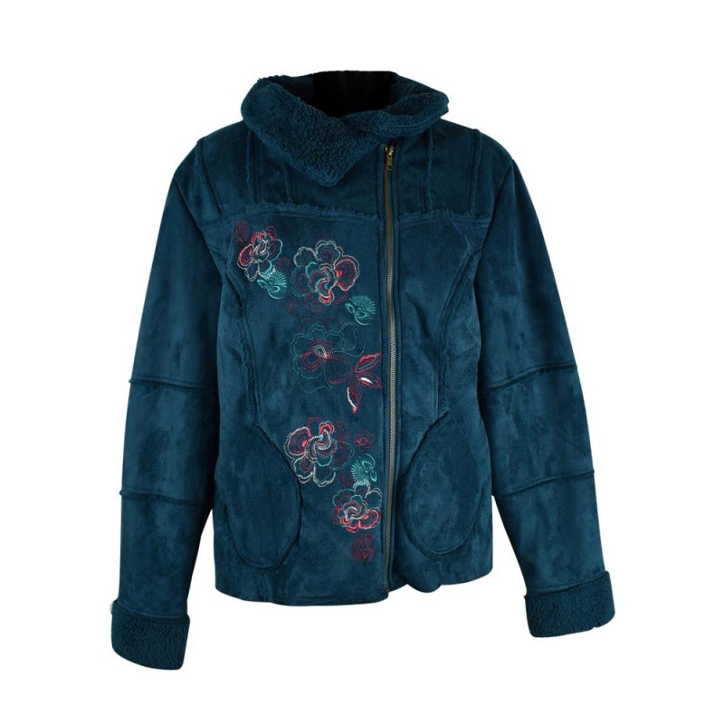 Veste Suédine fourrée Pétrole brodé floral