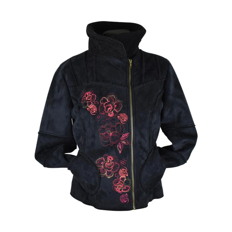 Veste Suédine fourrée Noir brodé floral