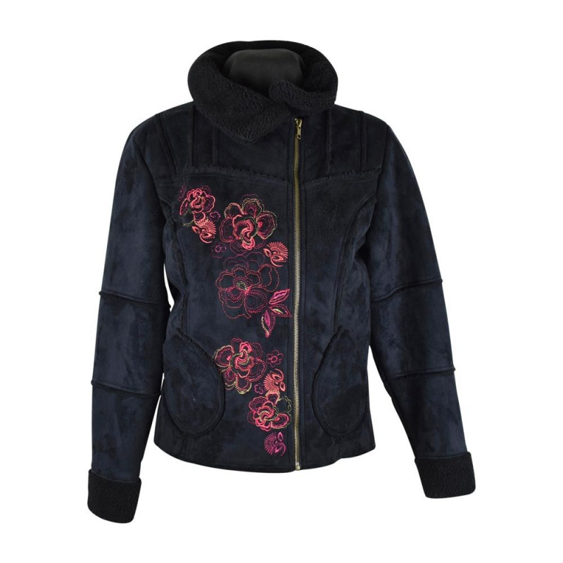 Veste Suédine fourrée Noir brodé floral