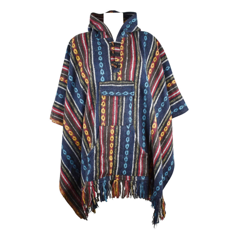 Poncho Jahadi Bleu Coton Peigné Artisanal