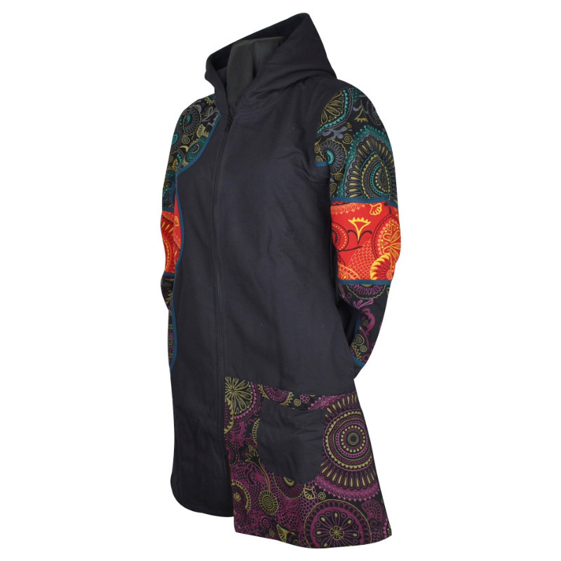 Manteau Ethnique Lavani Capuche Uni Noir
