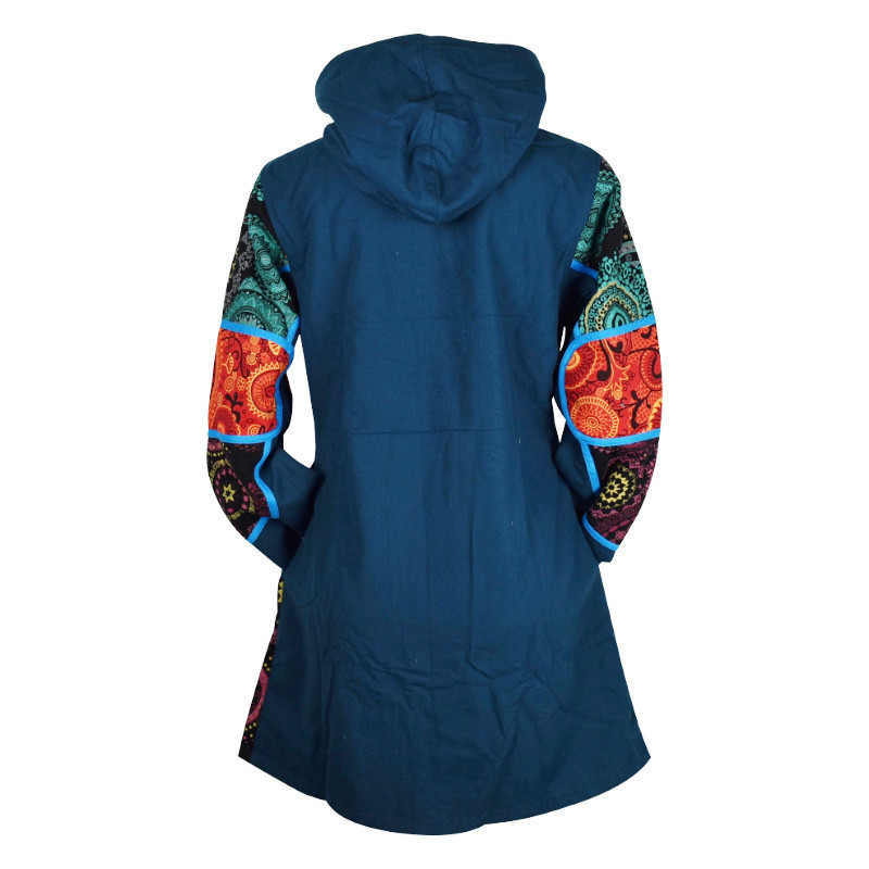 Manteau Ethnique Lavani Capuche Uni Pétrole
