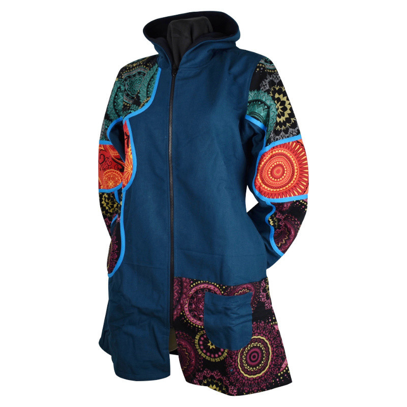 Manteau Ethnique Lavani Capuche Uni Pétrole
