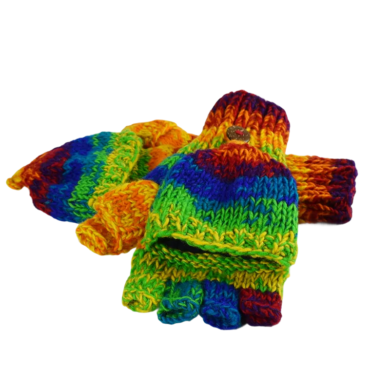 Moufle Mitaine Laine Tricotée Chiné Rainbow Gant 2 en 1