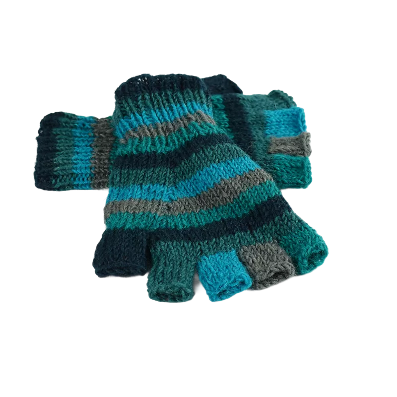 Mitaines Gundu Tricot Laine Bleu Trois Tons