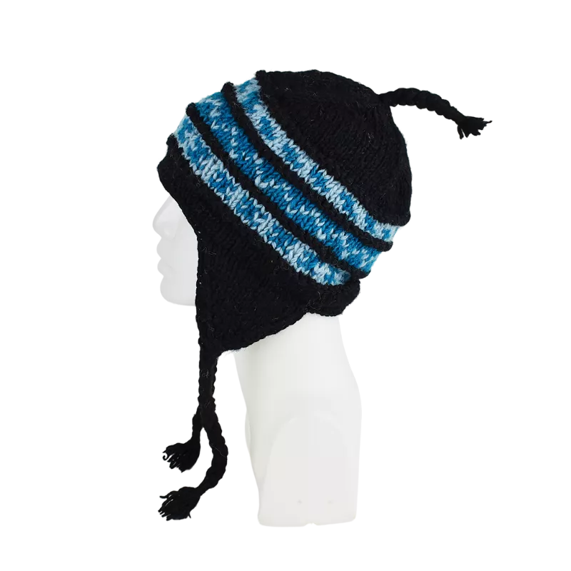 Bonnet Péruvien Sunam Tricot Noir et Turquoise