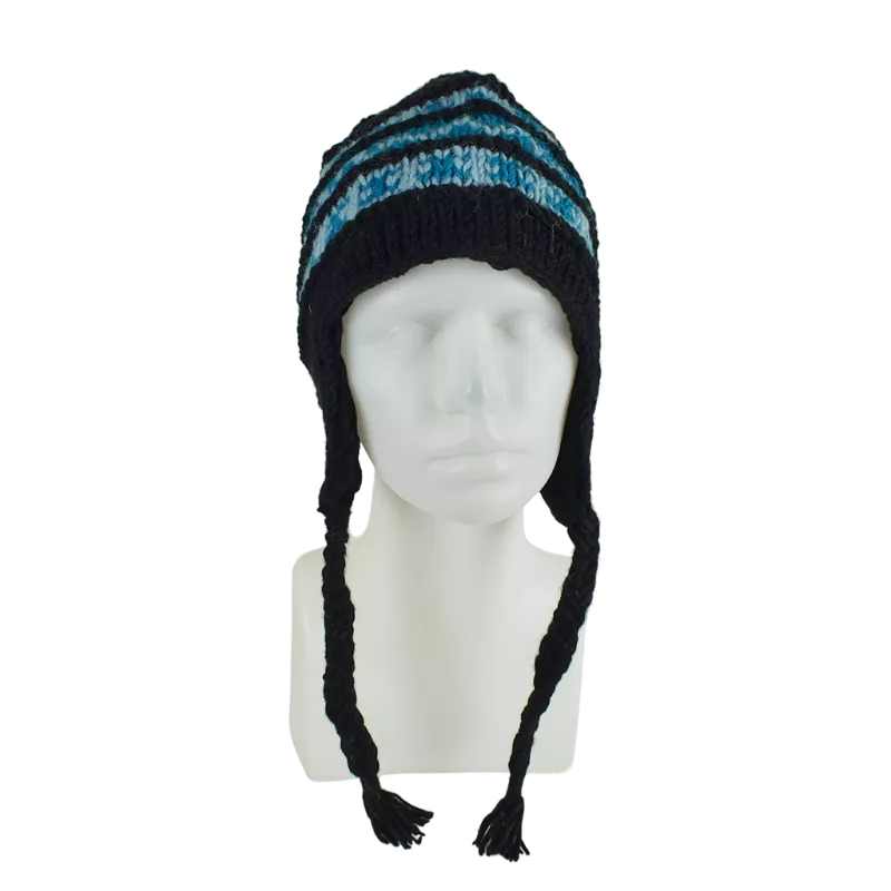 Bonnet Péruvien Sunam Tricot Noir et Turquoise
