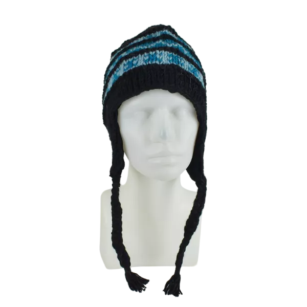 Bonnet Péruvien Sunam Tricot Noir et Turquoise