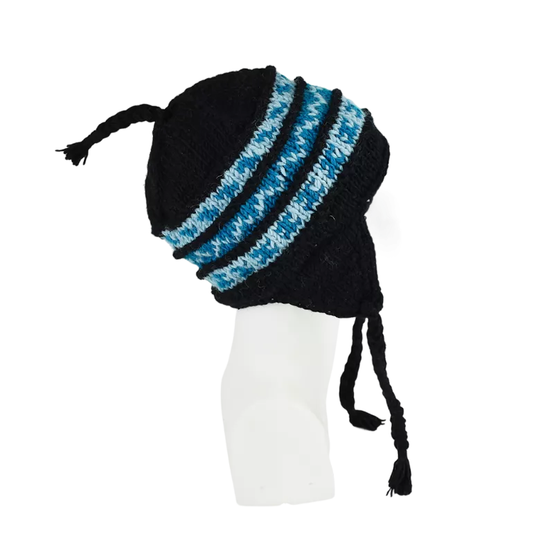 Bonnet Péruvien Sunam Tricot Noir et Turquoise