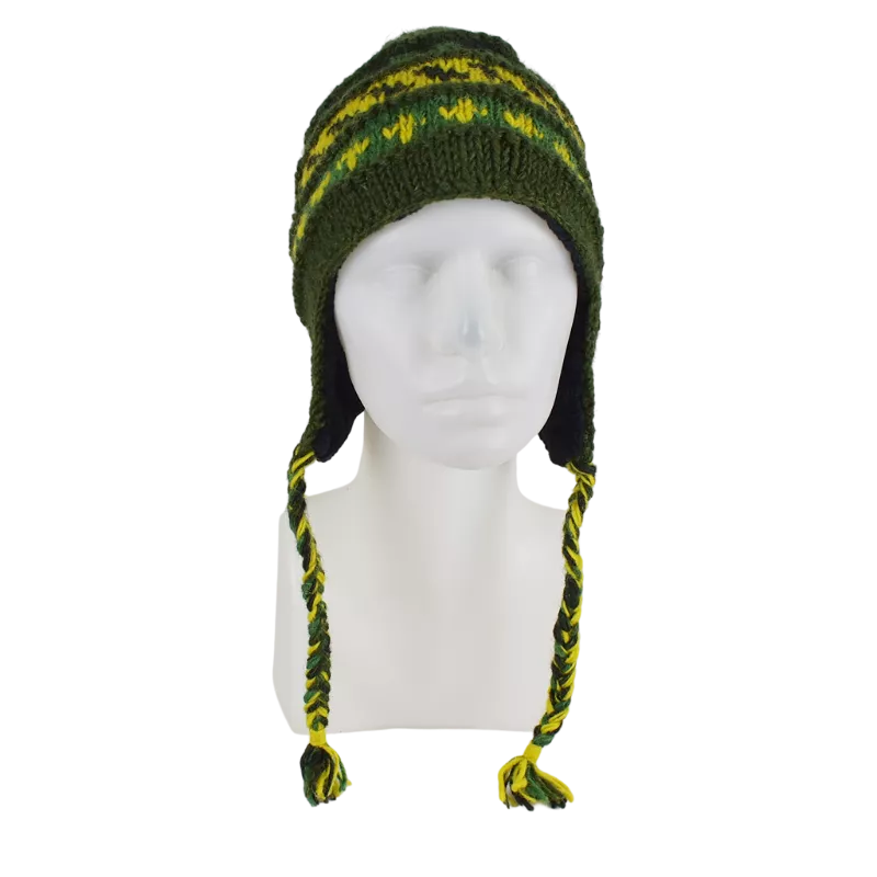 Bonnet Péruvien Sunam Tricot laine Kaki