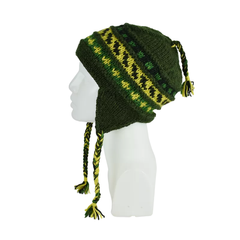 Bonnet Péruvien Sunam Tricot laine Kaki