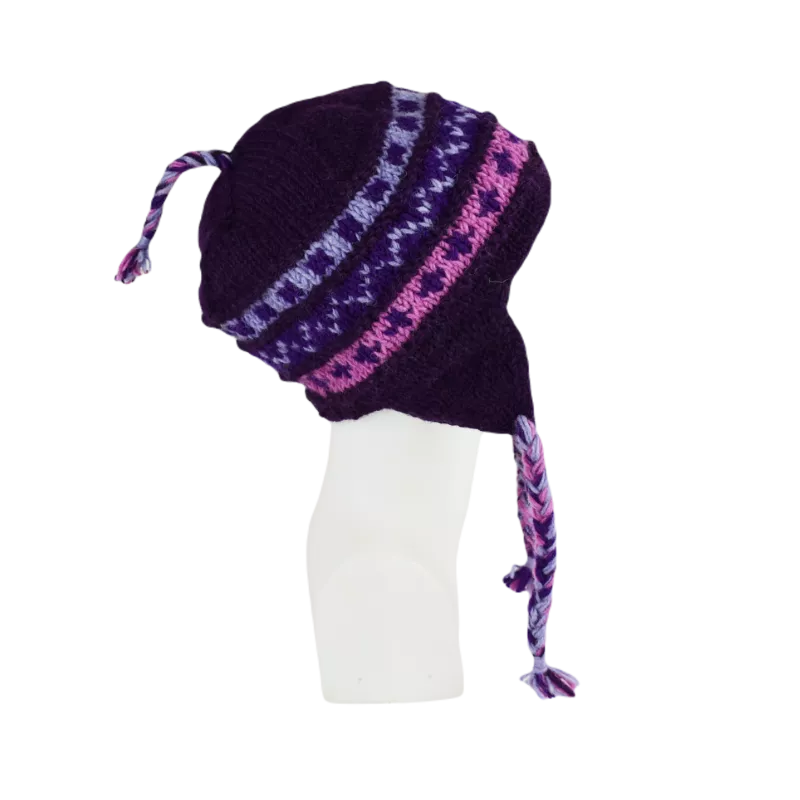 Bonnet Péruvien Sunam Tricot laine Ton Prune
