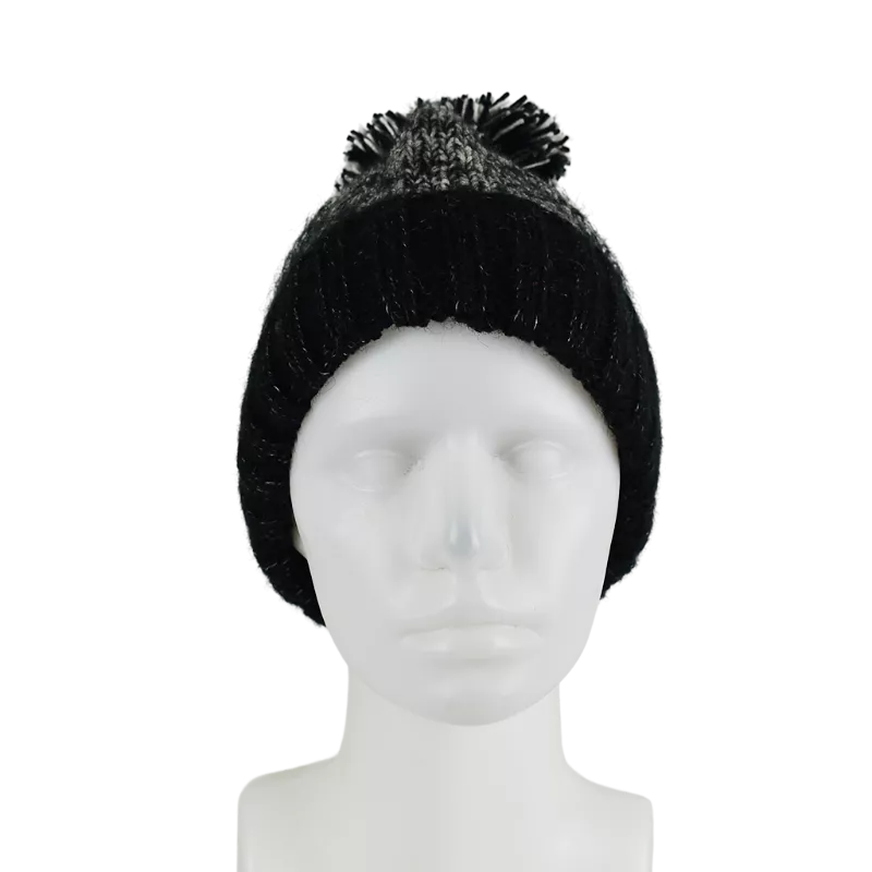 Bonnet Tricoté Noir et Écru Pompon -M