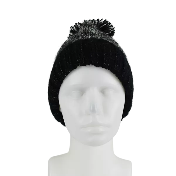 Bonnet Tricoté Noir et Écru Pompon -M