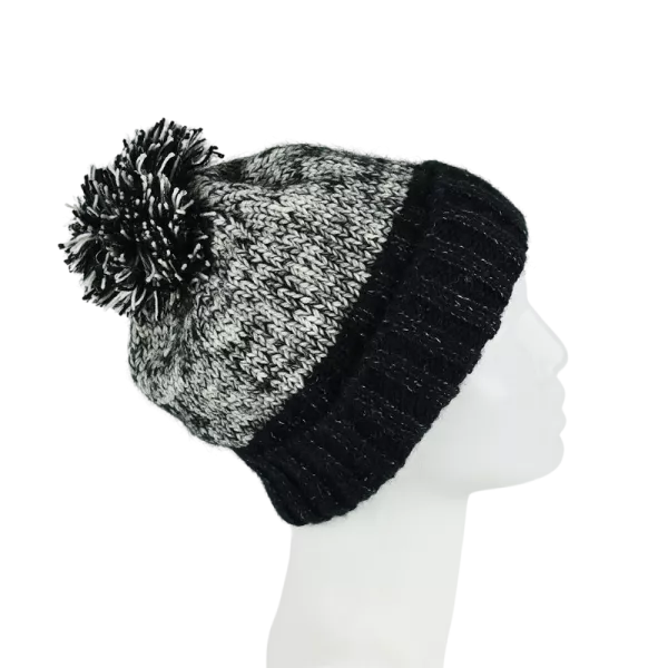 Bonnet Tricoté Noir et Écru Pompon -M