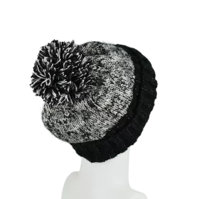 Bonnet Tricoté Noir et Écru Pompon -M